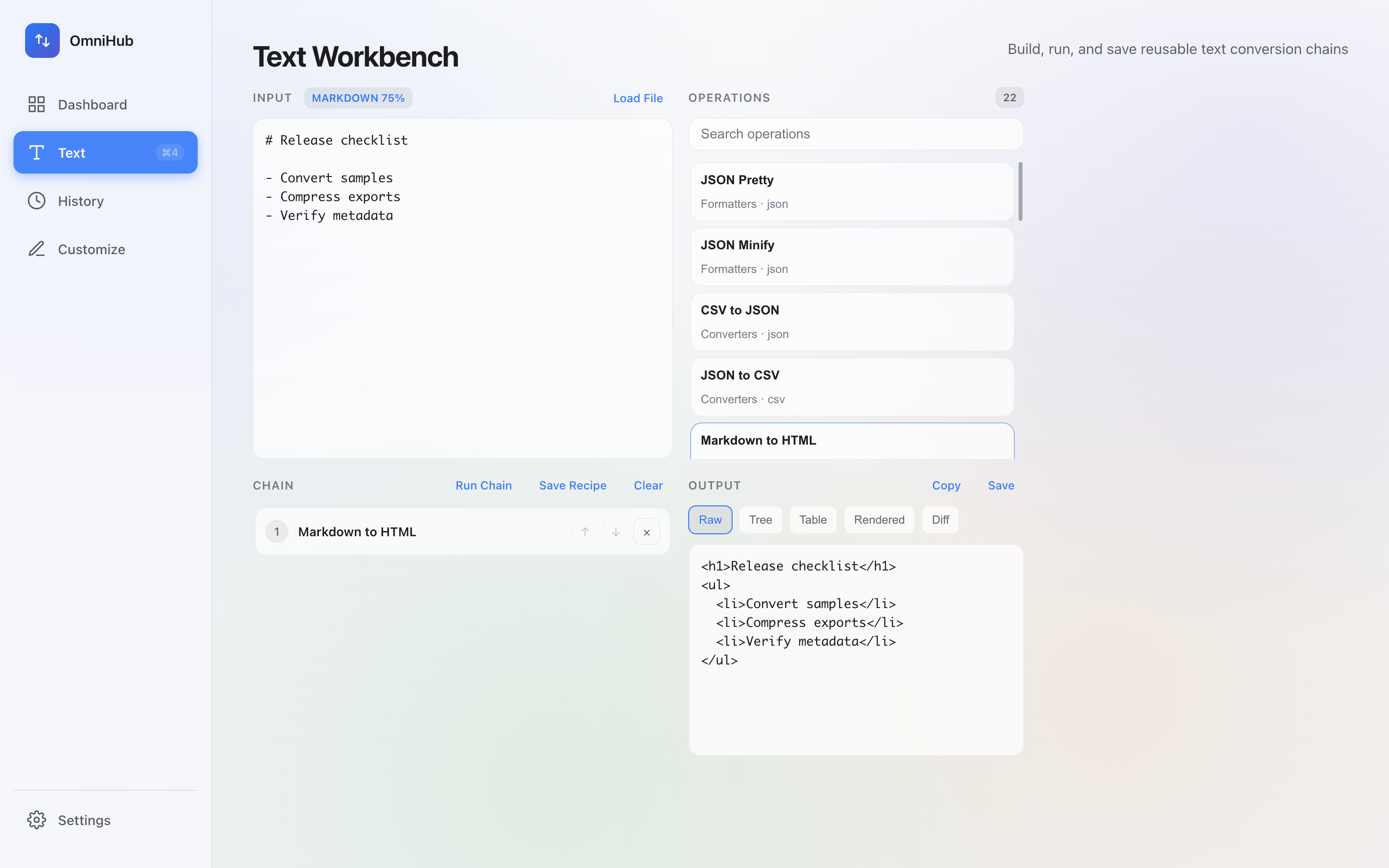 OmniHub Studio Text Workbench showing a local text operation workspace